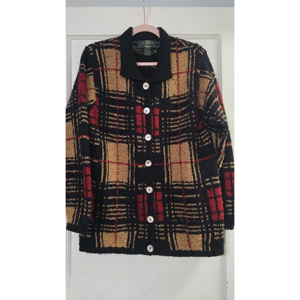 ORVIS Vintage Knit Button Up‎ Red Black Tan Plaid Womens Cardigan, size M